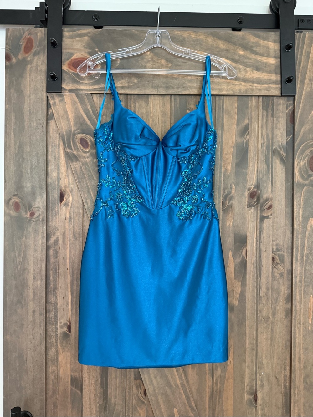 Teal Satin Embroidered Mini Dress size 4
